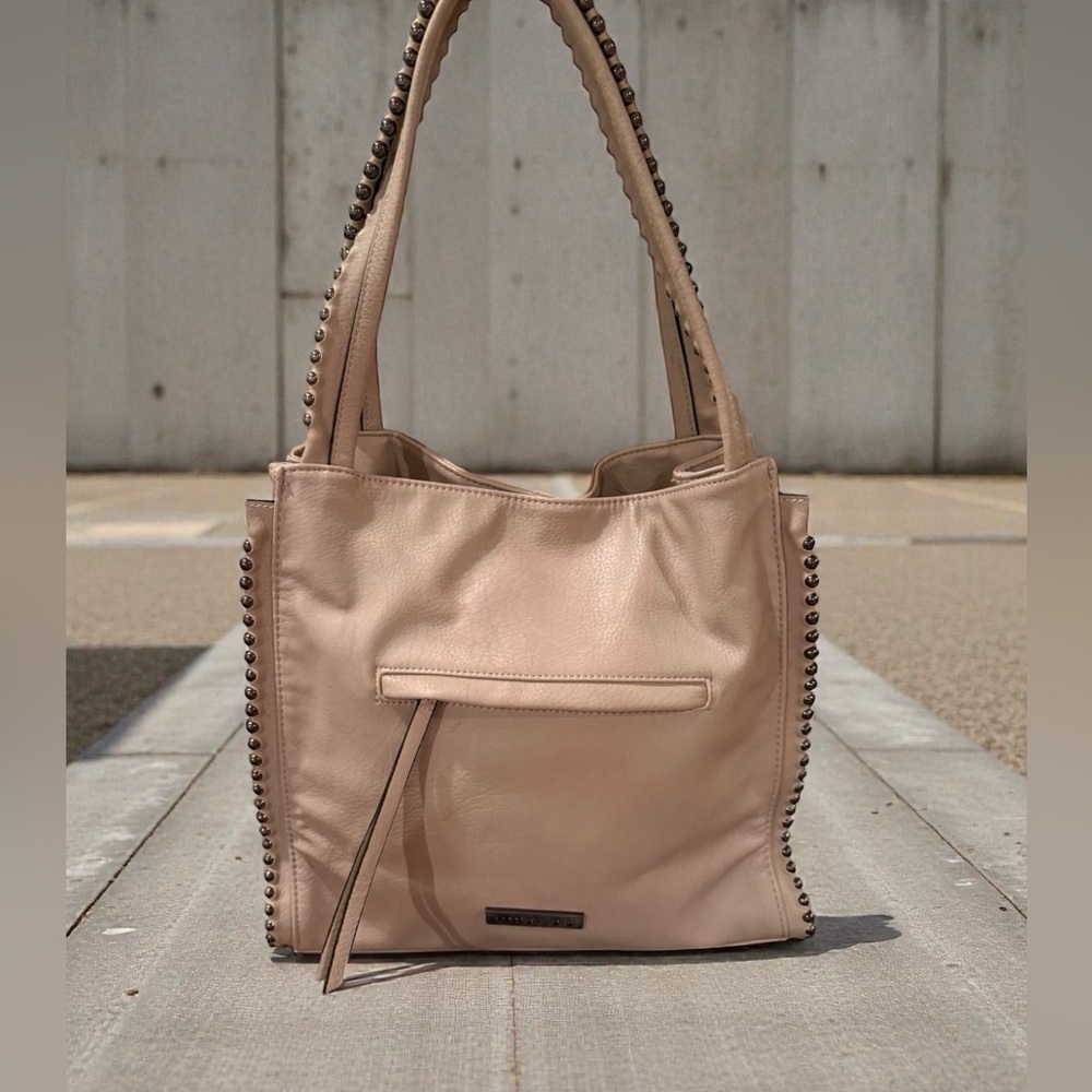 Max Studio Studded Tote Bag Beige Boho Vegan Leather Shoulder Bag Zip Pockets